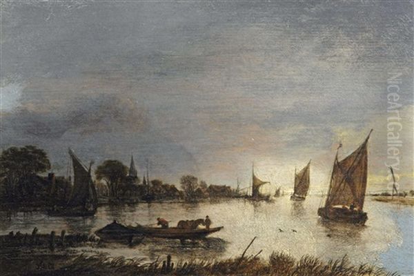View Of A Lakeside Town At Dusk, With Sailing Boats And A Ferry Crossing The Water - view 1