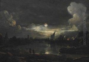 A Moonlit River Landscape With Figures On A Shore And A City With A House On Fire, Shipping Beyond by Aert van der Neer