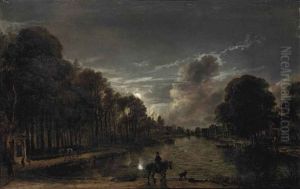 A Moonlit Wooded Landscape With A Horseman And Other Figures By A Canal, A Town Beyond by Aert van der Neer