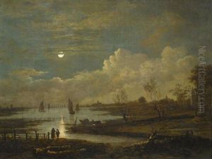 Weite Flusslandschaft Im Mondschein