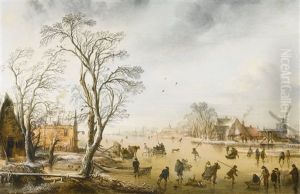 A Winter Landscape With Skaters And Kolf Players On A Frozen River By A Village by Aert van der Neer