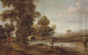 An Extensive River Landscape With Figures In The Foreground, A Dog Chasing Geese, And A Church Beyond by Aert van der Neer