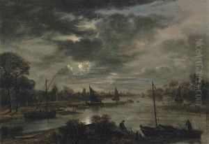 A Moonlit Landscape With Boats And Figures On A Canal, A Village With A Church Beyond