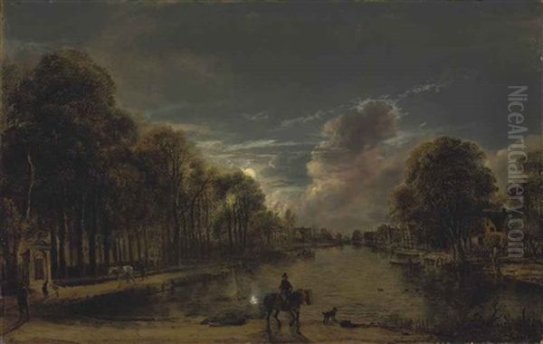 A Moonlit Wooded Landscape With A Rider And Other Figures By A Canal, A Village Beyond - view 1