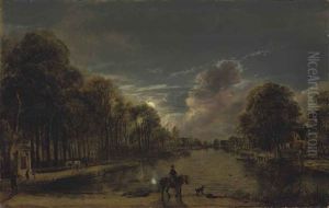 A Moonlit Wooded Landscape With A Rider And Other Figures By A Canal, A Village Beyond