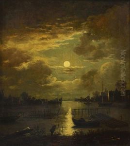 Paysage Fluvial Sous La Pleine Lune Avec Homme Sur Les Berges Et Personnage Dans Une Barque by Aert van der Neer