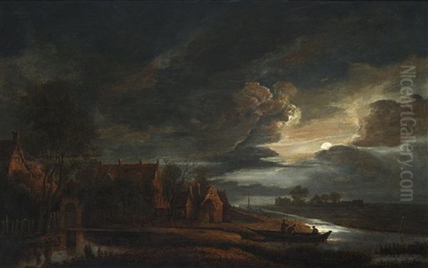 Nachtliche Dorflandschaft Mit Aufgehendem Vollmond Und Einem Bemannten Fischerkahn Am Flusufer - view 1