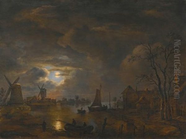 A Moonlight Landscape With Windmills Along The Banks Of A River - view 1