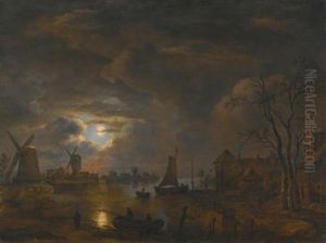 A Moonlight Landscape With Windmills Along The Banks Of A River by Aert van der Neer