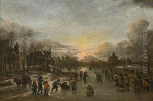 A Winter Landscape At Sunset With Figures Playing Kolf On The Ice by Aert van der Neer