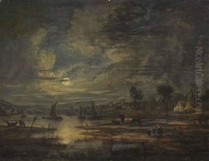A Moonlit River Landscape With Boats, Cows, Figures And A Town Beyond by Aert van der Neer