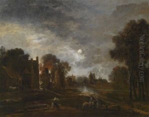 Vollmondbeschienene Flusslandschaft Mit Einer Brennenden Stadt by Aert van der Neer