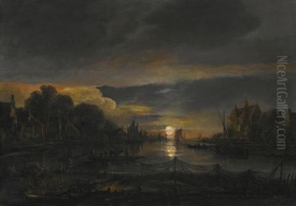 A River Landscape At Sunset, With Figures Ferrying Across A River, A Village Beyond - view 1