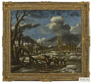 Winterliche Landschaft Nahe Einer Stadt Mit Holzsammlern Im Vordergrund Winterliche Landschaft Nahe Einer Stadt Mit Holzsammlern Im Vordergrund