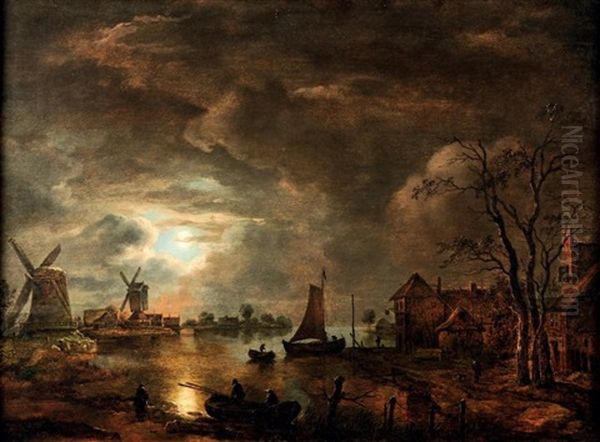 Paysage Aux Moulins Et Voilier Sur Une Riviere - view 1