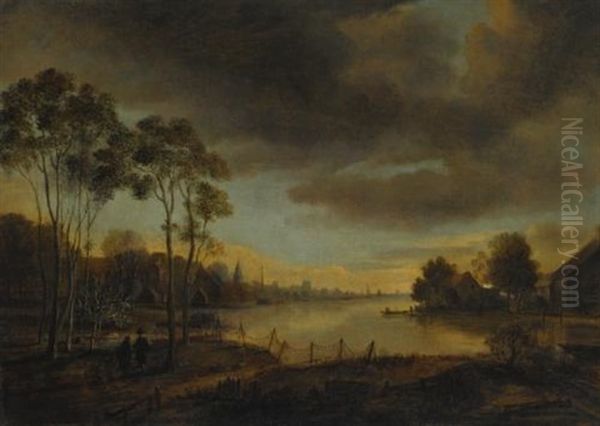 A River Landscape At Dusk With Two Figures Walking Along A Path, A Village Beyond - view 1