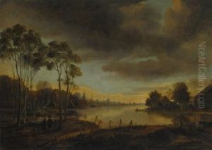 A River Landscape At Dusk With Two Figures Walking Along A Path, A Village Beyond