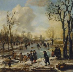 A Winter Landscape With Villagers Skating And Playing Kolf On A Frozen Canal, A Village Beyond