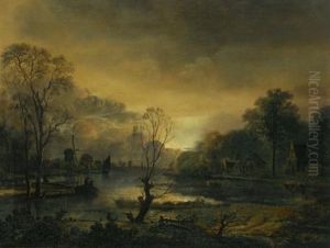 A River Landscape At Sunset With Fishermen Drawing In Their Net In The Foreground, Windmills Beyond by Aert van der Neer