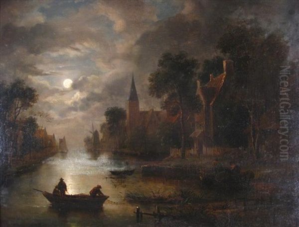 A Moonlight River Landscape With Two Fishermen On A Boat And A Village On Its Right Bank - view 1
