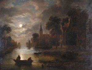 A Moonlight River Landscape With Two Fishermen On A Boat And A Village On Its Right Bank by Aert van der Neer