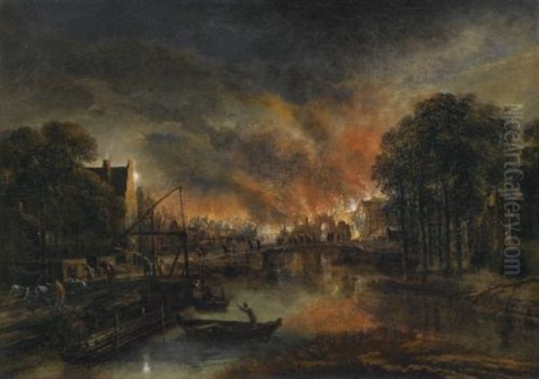 A Moonlit Landscape With A Burning Village - view 1