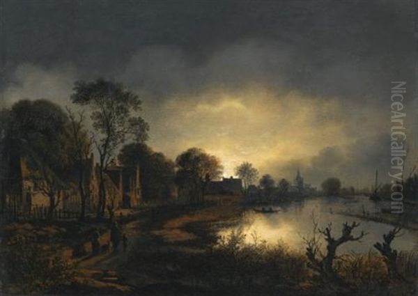 A River Landscape At Dusk With And Figures Walking Along A Path Towards A Village To The Left, A Church In The Distance - view 1