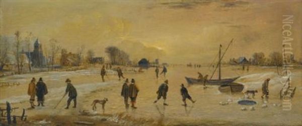 A Winter Landscape With Skaters And Kolf Players, A Village To The Left - view 1
