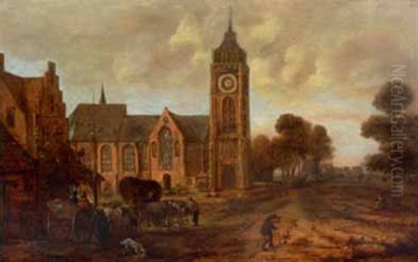 Rue De Village Longeant Une Eglise Avec Une Carriole De Villageois Et Des Paysans - view 1
