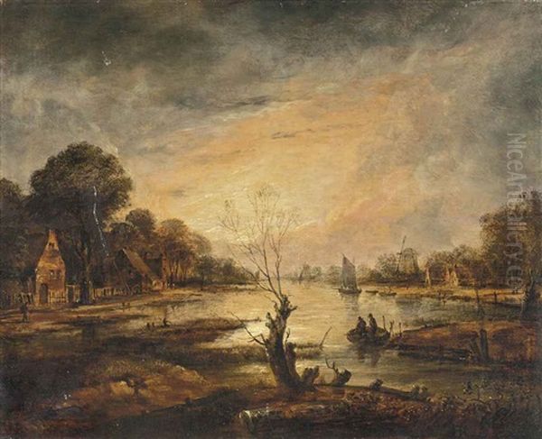 A Moonlit River Landscape With Cottages And A Windmill On The Banks, Two Men On A Raft In The Foreground - view 1