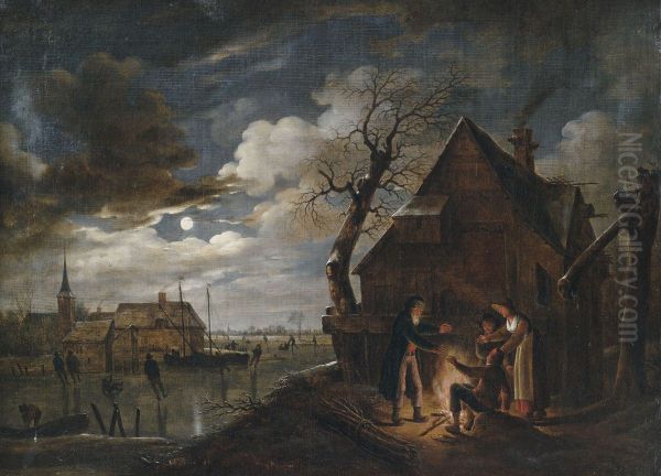Hollandische Kanallandschaft Bei Mondschein Mit Schlittschuhlaufern Und Einem Lagerfeuer, An Dem Sich Bauern Warmen - view 1