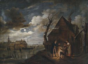 Hollandische Kanallandschaft Bei Mondschein Mit Schlittschuhlaufern Und Einem Lagerfeuer, An Dem Sich Bauern Warmen