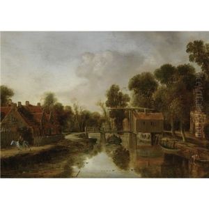 A Village With A Drawbridge Over A River, Figures In A Barge Pulled By A Horseman On A Path To The Left