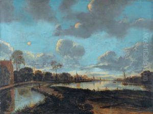 Hollandische Flusslandschaft Bei Mondschein