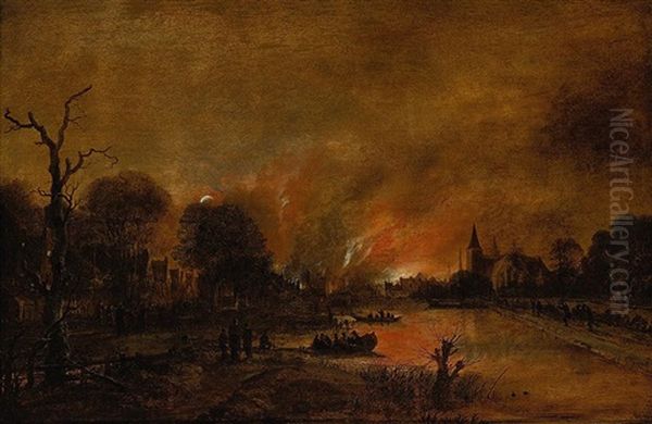 A Moonlit River Landscape With Figures Quenching A Fire In A Town Beyond - view 1
