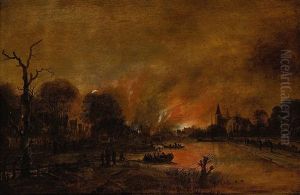 A Moonlit River Landscape With Figures Quenching A Fire In A Town Beyond