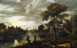 Abendliche Flusslandschaft Bei Mondschein
