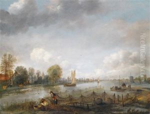 Weite Fluslandschaft Mit Fischern Weite Fluslandschaft Mit Fischern