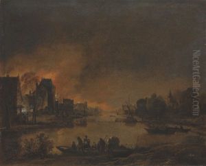A River Landscape With Figures Disembarking On The Bank, A Burning Town Beyond