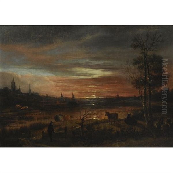 A View Across A Marshy River Towards A Town After Sunset, Two Peasants And Cattle In The Foreground - view 1