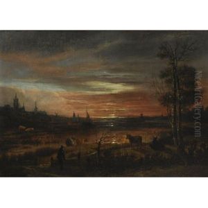 A View Across A Marshy River Towards A Town After Sunset, Two Peasants And Cattle In The Foreground by Aert van der Neer