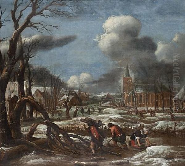 A Winter Landscape With Figures In The Foreground Collecting Wood - view 1