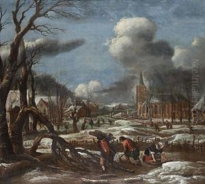 A Winter Landscape With Figures In The Foreground Collecting Wood