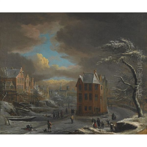 Busy Town Scene With Skaters And Merrymakers On A Frozen River - view 1