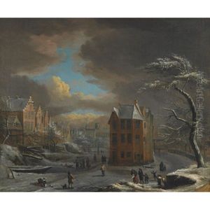 Busy Town Scene With Skaters And Merrymakers On A Frozen River by Aert van der Neer