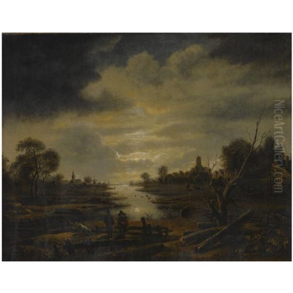 An Extensive Moonlit River Landscape, With Two Figures Conversing In The Foreground, Accompanied By A Dog, A View Of A Two Churches And Windmills Beyond - view 1