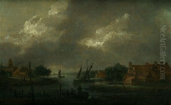Kleine Stadt Am Flus Im Abendlicht - view 1