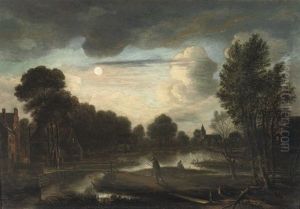 A Moonlit River Landscape With Three Figures Near A Bridge And A Church In The Distance by Aert van der Neer