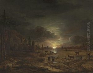 A Nocturnal River Landscape With Figures by Aert van der Neer