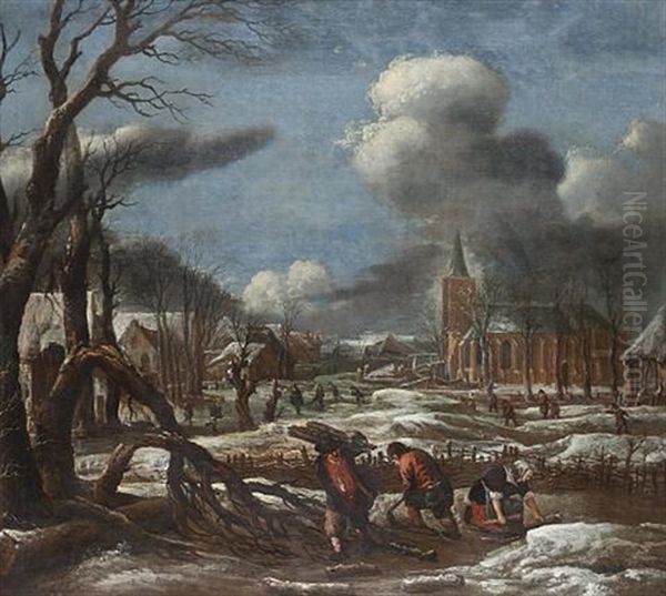 A Winter Landscape With Figures In The Foreground Collecting Wood, Skaters And A Village Beyond - view 1